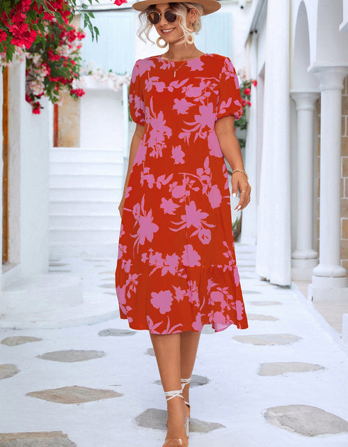 Load image into Gallery viewer, Floral Puff Sleeve Ruffle Hem Midi Dress
