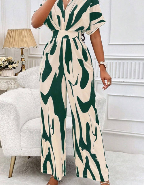 Load image into Gallery viewer, Printed V-Neck Short Sleeve Wide Leg Jumpsuit
