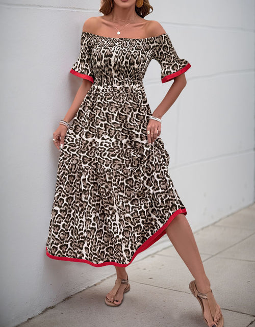 Load image into Gallery viewer, Perfee Leopard Off-Shoulder Flounce Sleeve Midi Dress
