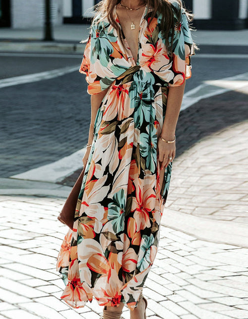 Load image into Gallery viewer, Floral Plunge Half Sleeve Dress
