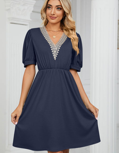 Load image into Gallery viewer, Contrast V-Neck Puff Sleeve Pocket Dress

