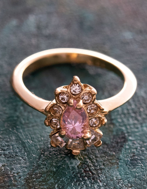Load image into Gallery viewer, Vintage 1990's Ring Ruby and Clear Austrian Crystals 18k Yellow Gold Plated by PVD Vintage Jewelry

