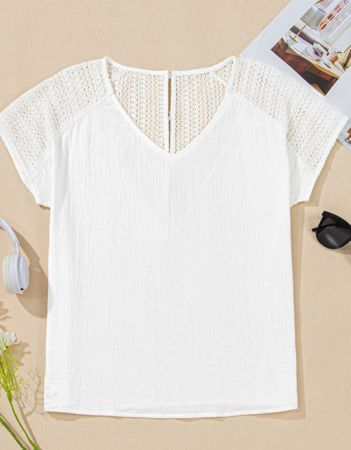 Load image into Gallery viewer, Lace Crochet Textured Button Back V Neck T Shirt
