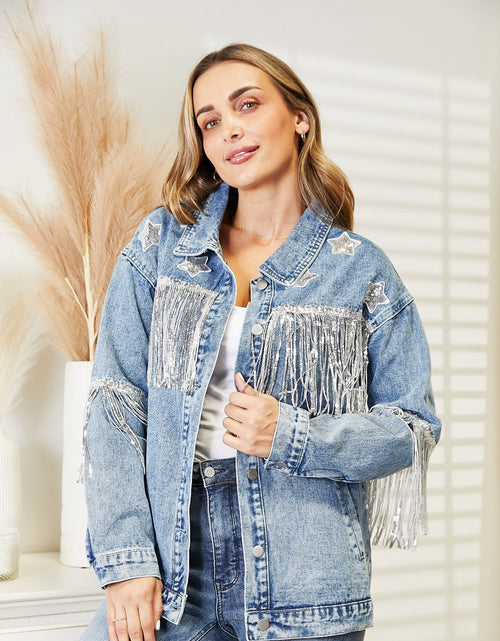 Load image into Gallery viewer, Fringe Detail Long Sleeve Denim Jacket
