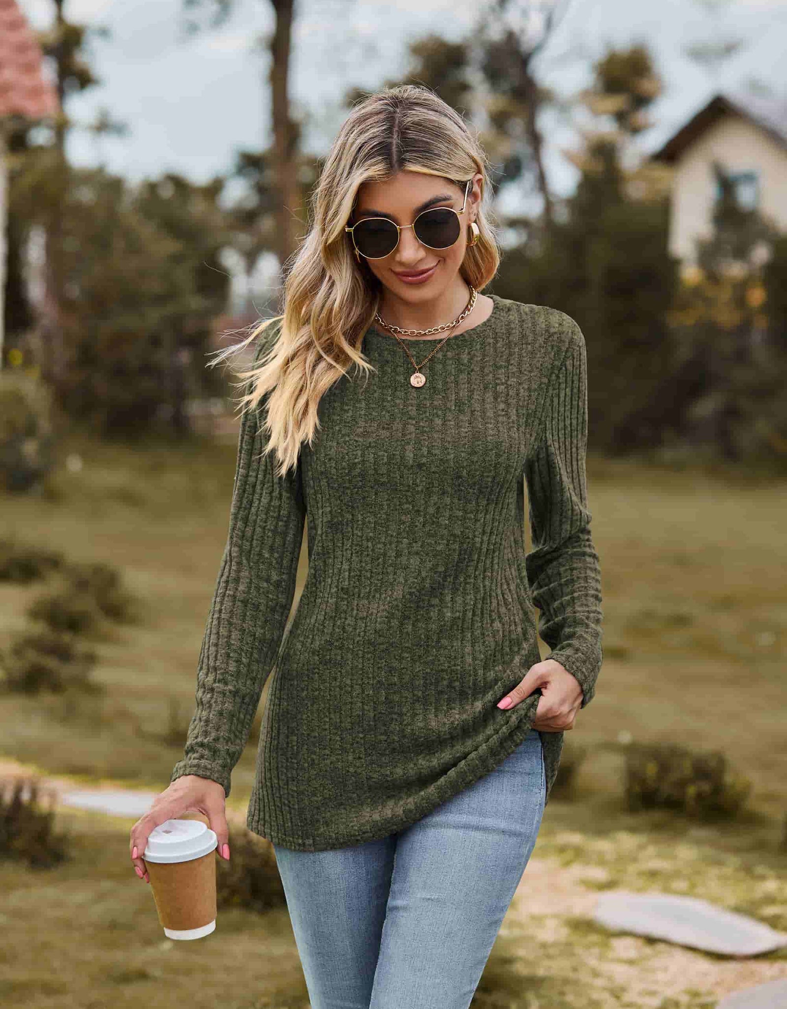 Ribbed Round Neck Long Sleeve Tee
