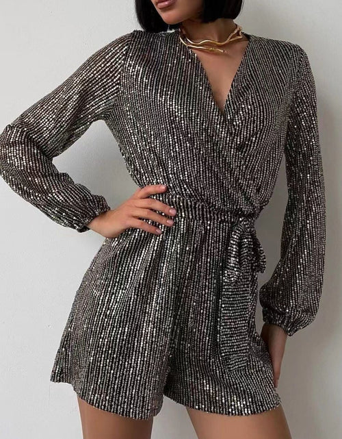 Load image into Gallery viewer, Full Size Sequin Surplice Tie Waist Long Sleeve Romper
