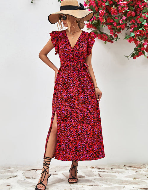 Load image into Gallery viewer, Printed Surplice Neck Flutter Sleeve Slit Dress
