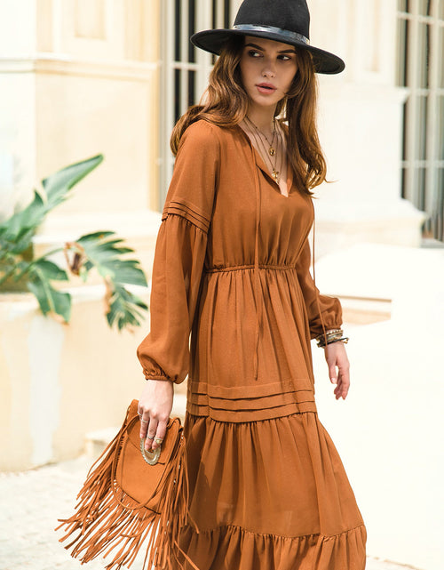 Load image into Gallery viewer, Tie Neck Long Sleeve Midi Tiered Dress
