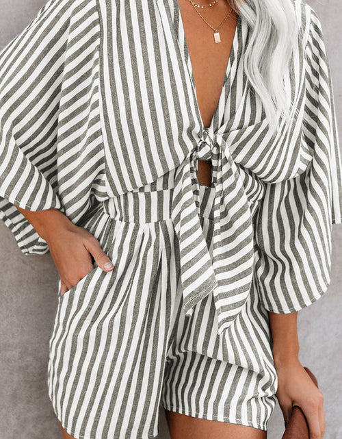 Load image into Gallery viewer, Bow Striped Kimono Sleeve Romper
