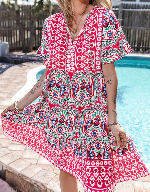 Load image into Gallery viewer, Printed Tie Neck Short Sleeve Dress

