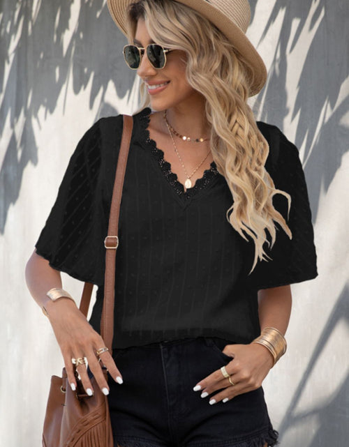 Load image into Gallery viewer, Shiny Swiss Dot Lace Trim Flutter Sleeve V-Neck Blouse
