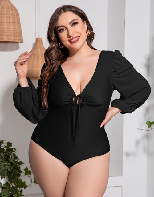 Load image into Gallery viewer, Plus Size Tied Deep V Balloon Sleeve One-Piece Swimsuit
