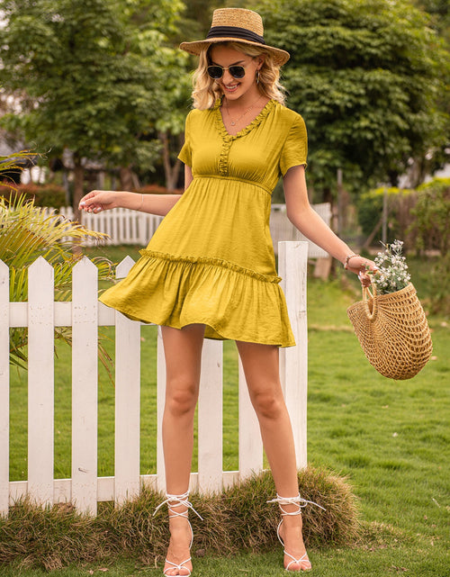 Load image into Gallery viewer, Ivy Lane Frill V-Neck Short Sleeve Ruffle Hem Dress
