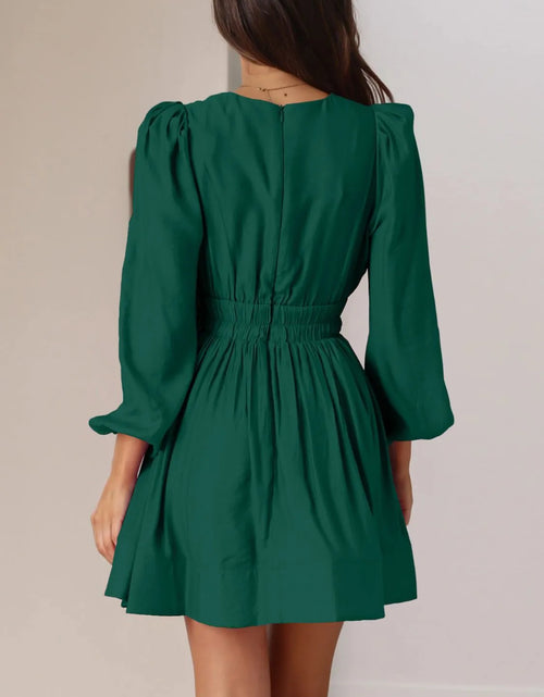Load image into Gallery viewer, Ruched V-Neck Balloon Sleeve Mini Dress

