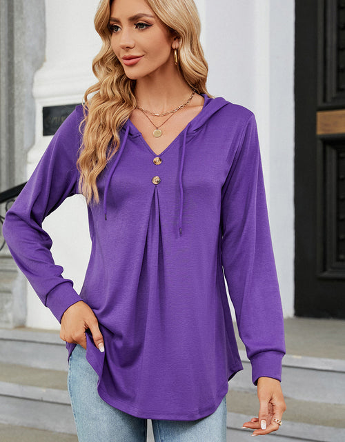 Load image into Gallery viewer, Decorative Button Drawstring Long Sleeve Hoodie
