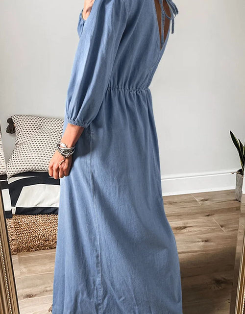 Load image into Gallery viewer, Tied Plunge Three-Quarter Sleeve Denim Dress
