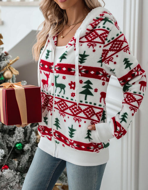 Load image into Gallery viewer, Drawstring Christmas Element Zip Up Hooded Jacket
