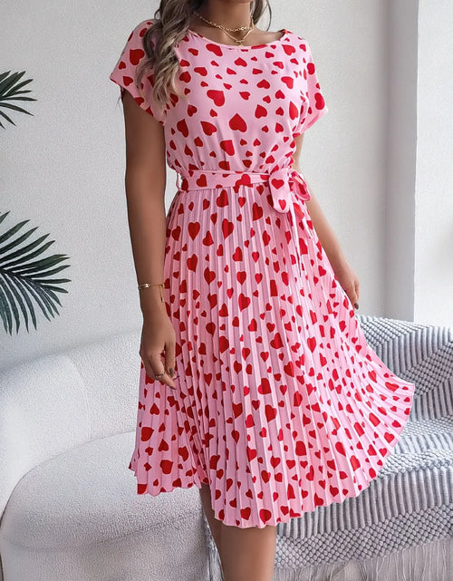 Load image into Gallery viewer, Heart Print Short Sleeve Tie Waist Dress
