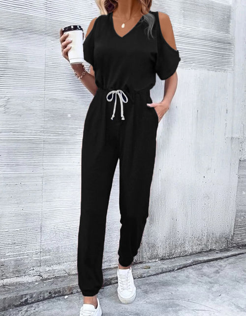 Load image into Gallery viewer, V-Neck Cold-Shoulder Jumpsuit with Pockets
