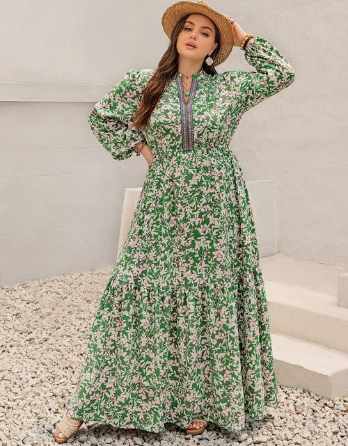 Load image into Gallery viewer, Plus Size Printed Notched Long Sleeve Maxi Dress

