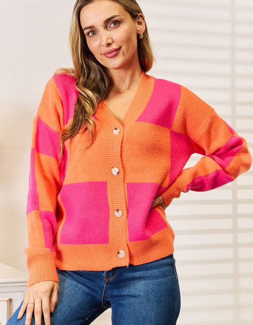 Load image into Gallery viewer, Angel Wings Woven Right Checkered V-Neck Dropped Shoulder Cardigan
