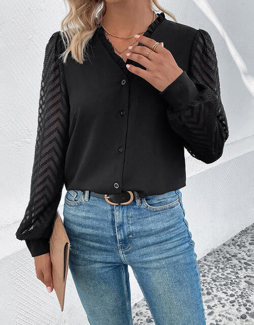 Load image into Gallery viewer, Mesh V-Neck Button Front Blouse

