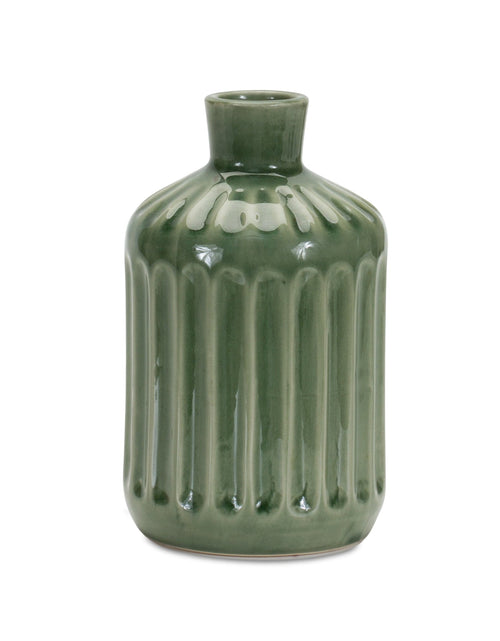 Load image into Gallery viewer, Green Ribbed Terra Cotta Vase 7"H
