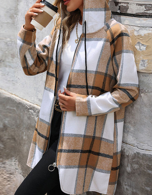 Load image into Gallery viewer, Drawstring Plaid Zip Up Long Sleeve Hooded Outerwear
