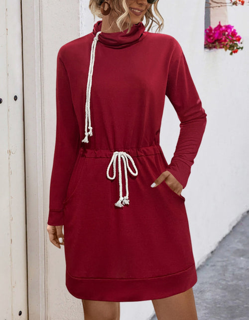 Load image into Gallery viewer, Drawstring Turtleneck Long Sleeve Mini Dress
