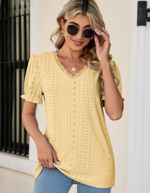 Load image into Gallery viewer, Eyelet Flounce Sleeve Scalloped V-Neck Top
