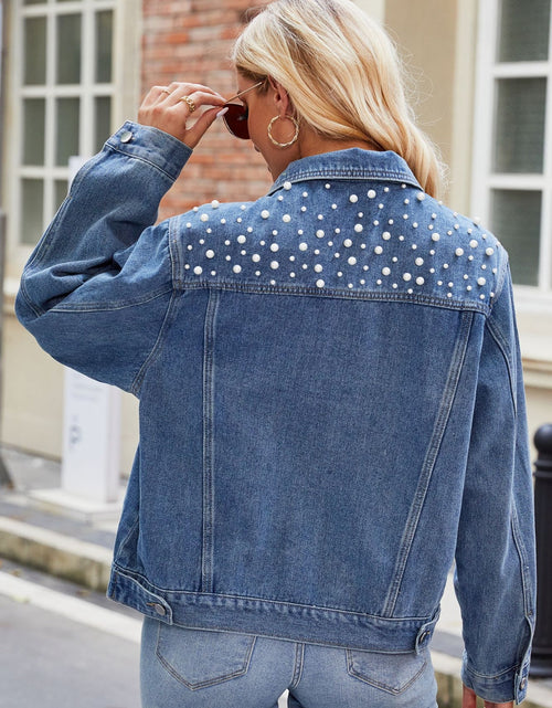 Load image into Gallery viewer, Pearl Detail Collared Neck Long Sleeve Denim Jacket
