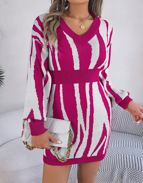 Load image into Gallery viewer, Animal Print V-Neck Long Sleeve Sweater Dress
