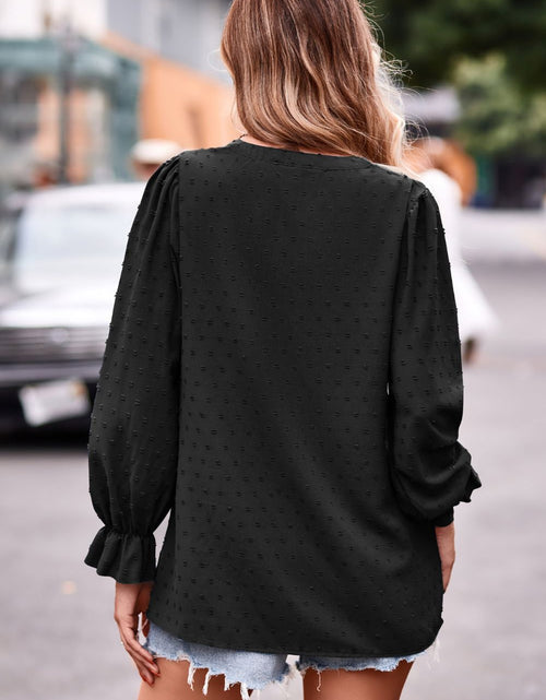 Load image into Gallery viewer, Swiss Dot Notched Neck Flounce Sleeve Blouse
