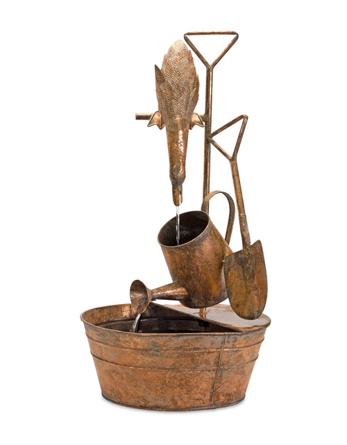 Load image into Gallery viewer, Rustic Metal Fountain with Duck and Watering Can 33"H
