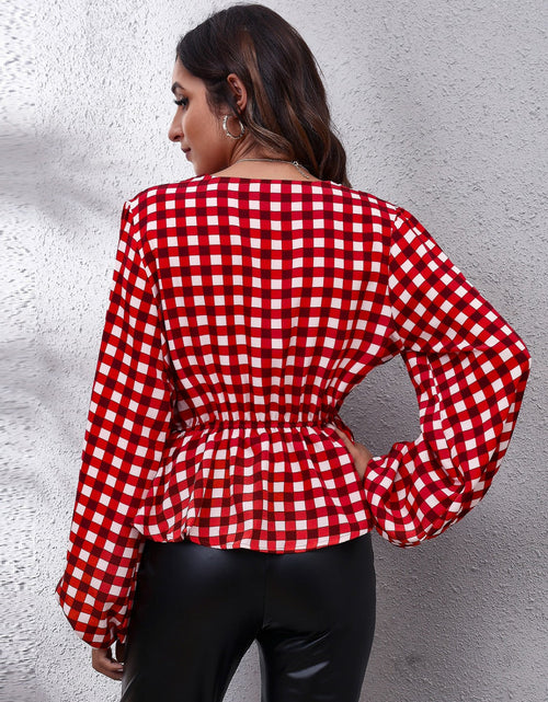 Load image into Gallery viewer, Plaid V-Neck Balloon Sleeve Peplum Blouse
