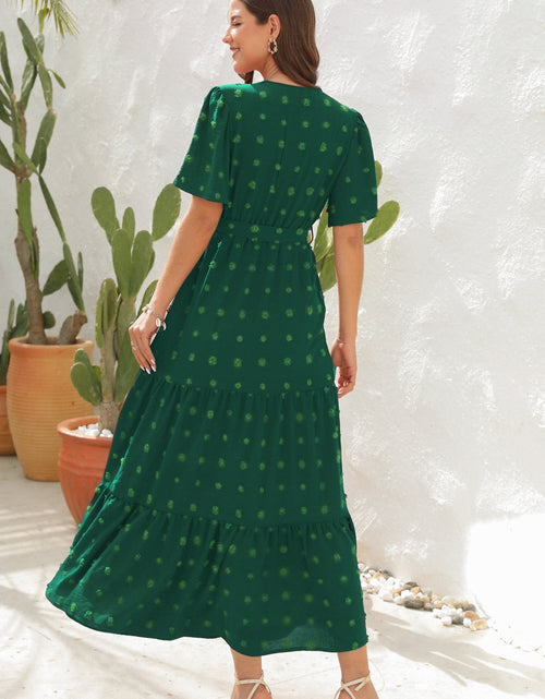 Load image into Gallery viewer, Swiss Dot Tied Surplice Short Sleeve Dress
