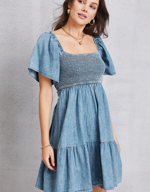 Load image into Gallery viewer, Smocked Square Neck Mini Denim Dress
