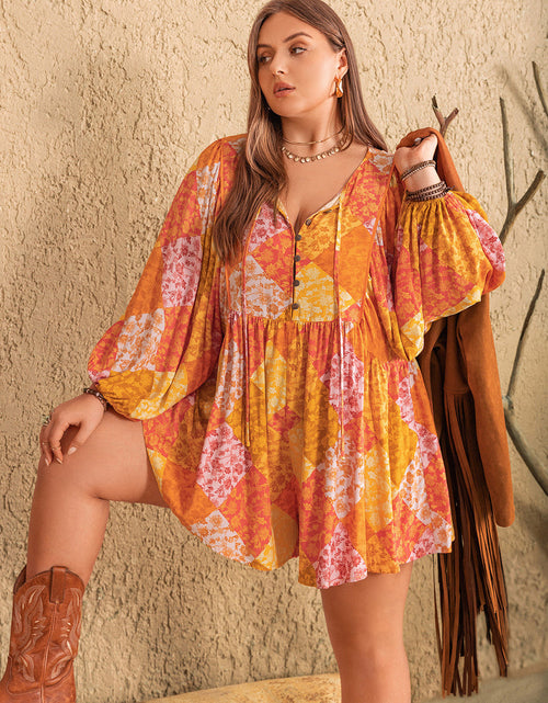 Load image into Gallery viewer, Plus Size Floral Tie Neck Balloon Sleeve Romper
