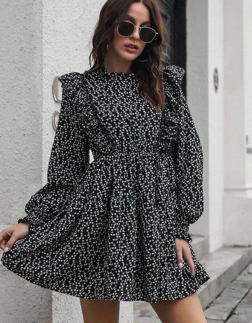 Load image into Gallery viewer, Printed Ruffle Trim Smocked Long Sleeve Mini Dress
