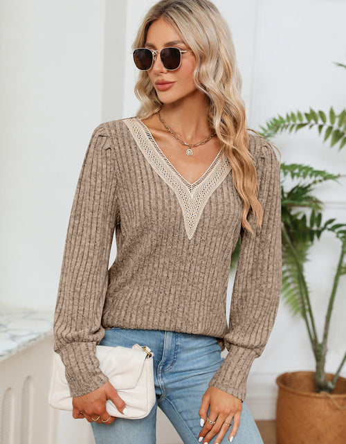 Load image into Gallery viewer, Lace Detail V-Neck Ribbed Blouse
