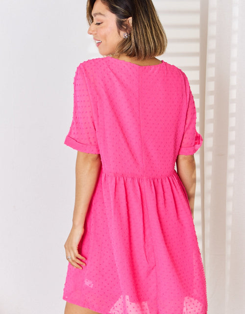 Load image into Gallery viewer, Zenana Swiss Dot Rolled Short Sleeve Babydoll Dress
