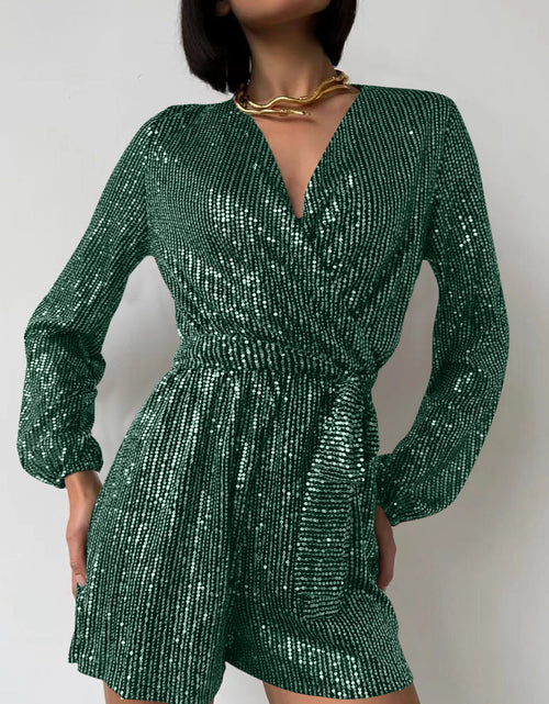 Load image into Gallery viewer, Full Size Sequin Surplice Tie Waist Long Sleeve Romper
