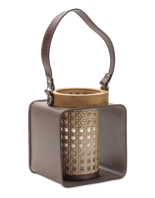 Load image into Gallery viewer, Metal Candle Holder with Wood and Leather Accents
