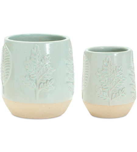 Two-Tone Porcealin Planter with Leaf Design (Set of 2)