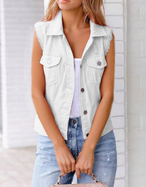 Load image into Gallery viewer, Full Size Button Down Raw Hem Sleeveless Denim Jacket Plus Size
