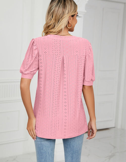 Load image into Gallery viewer, Eyelet Short Puff Sleeve Notched Neck Top
