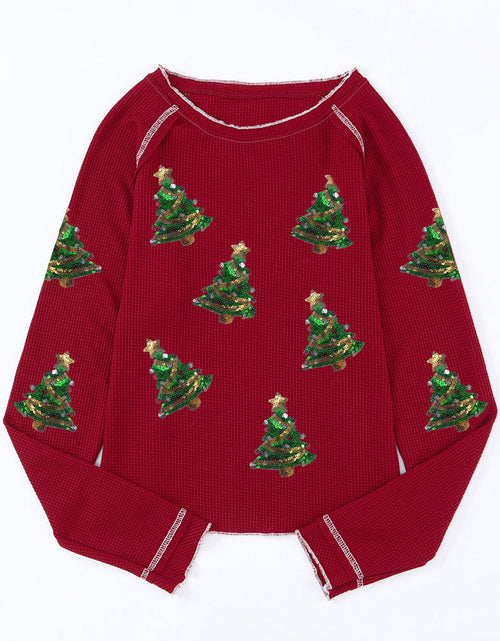 Load image into Gallery viewer, Christmas Tree Sequin Waffle Knit Long Sleeve Sweatshirt
