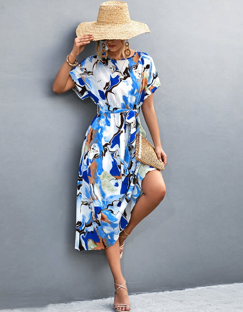Load image into Gallery viewer, Round Neck Short Sleeve Tie Waist Midi Dress

