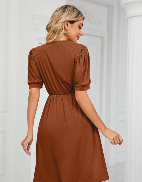 Load image into Gallery viewer, Contrast V-Neck Puff Sleeve Pocket Dress
