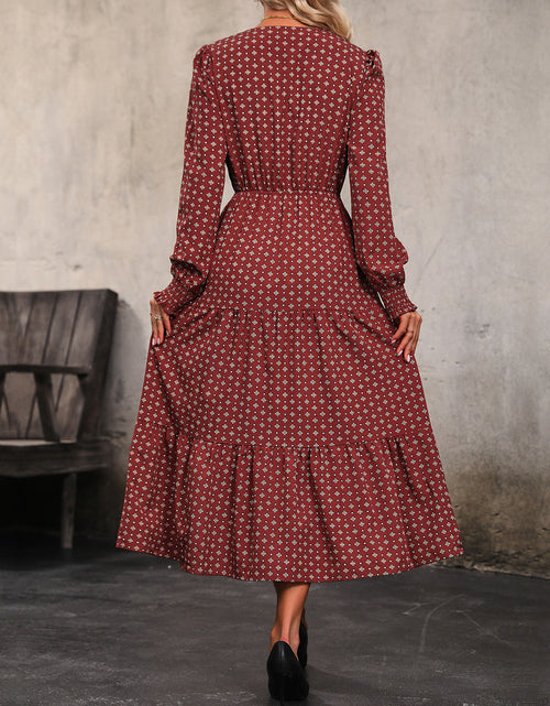 Load image into Gallery viewer, Perfee Printed Tiered V-Neck Buttoned Midi Dress
